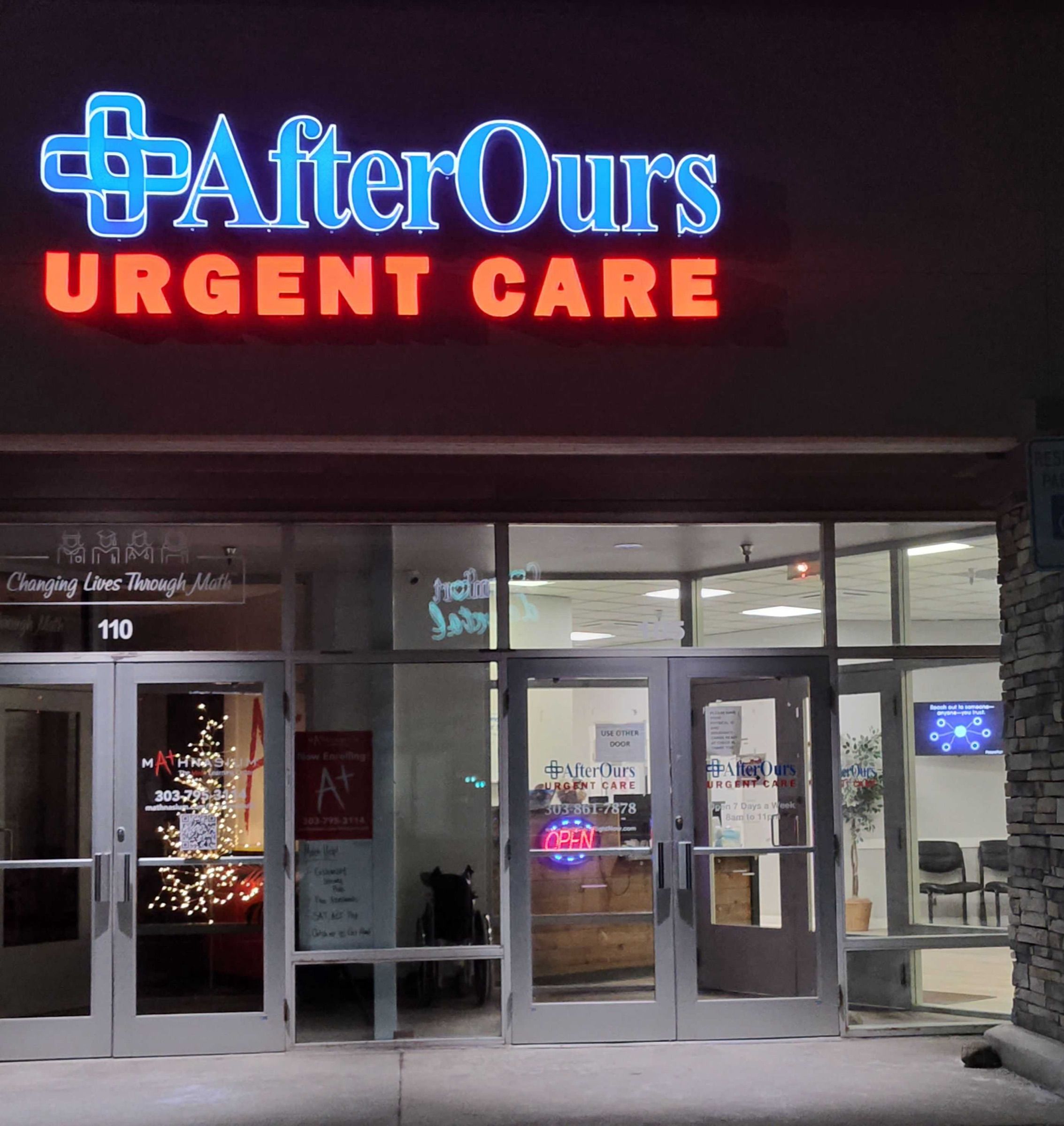 AfterOurs Urgent Care Littleton entrance at night
