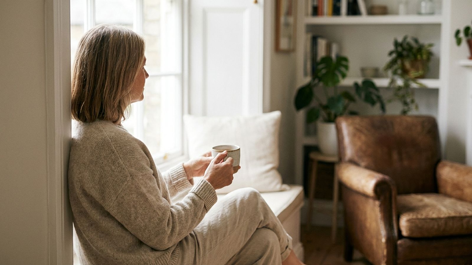 Woman in a cozy sweater holding a mug and looking out a sunny window