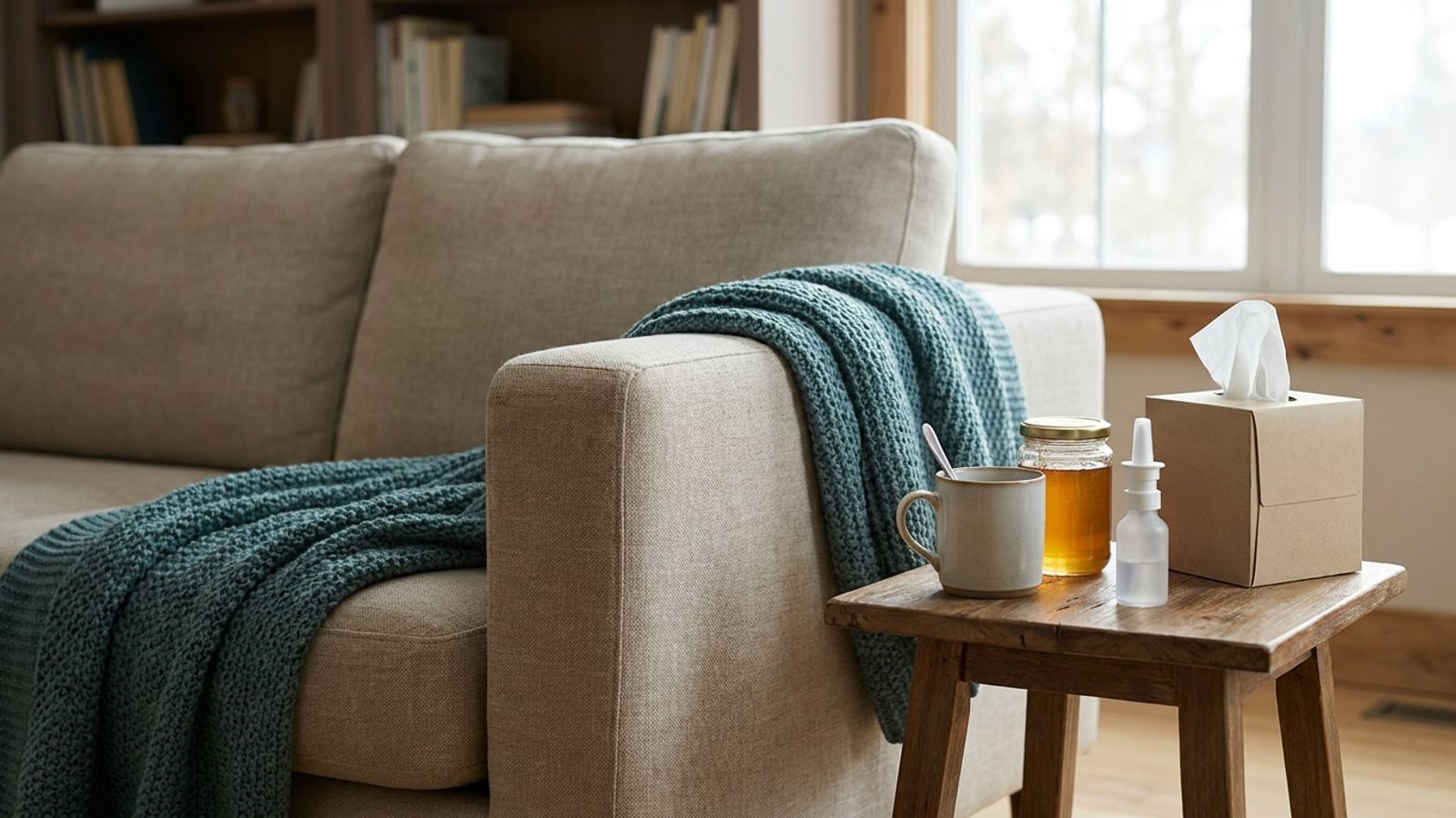 A sofa with a teal blanket beside a side table with tea, honey, saline spray and tissues