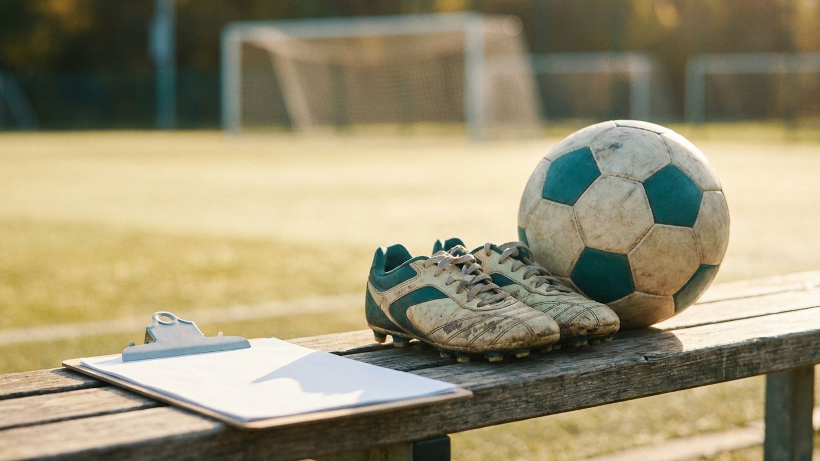 Soccer ball, a pair of youth cleats and a clipboard on a bench beside a sports field