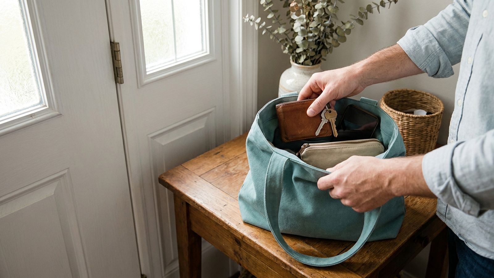 Manos guardando una cartera, llaves y un estuche en una bolsa de tela junto a la puerta de la casa