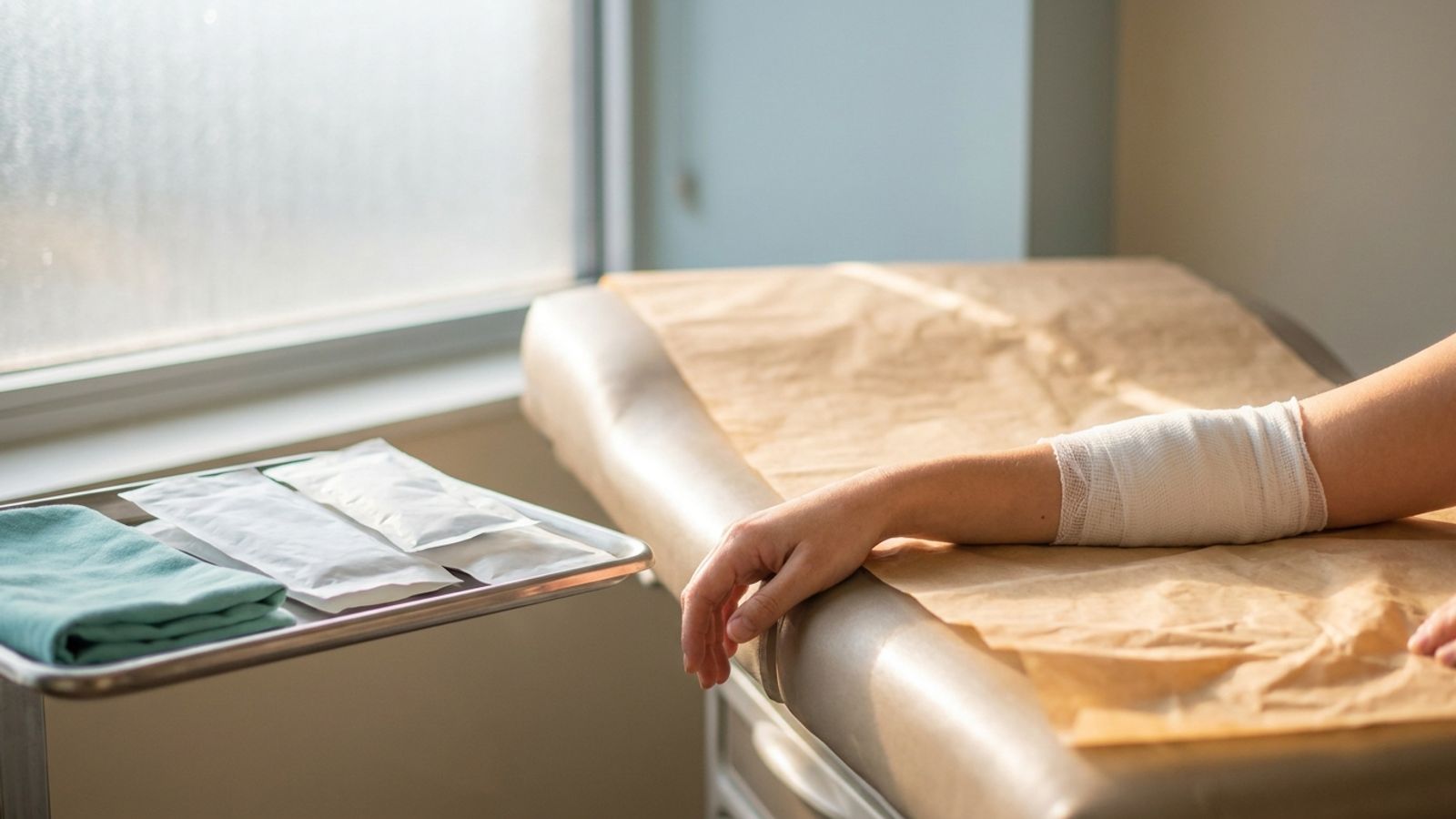 A forearm wrapped in a clean bandage resting on a clinic exam table beside a tray of sterile gauze packets
