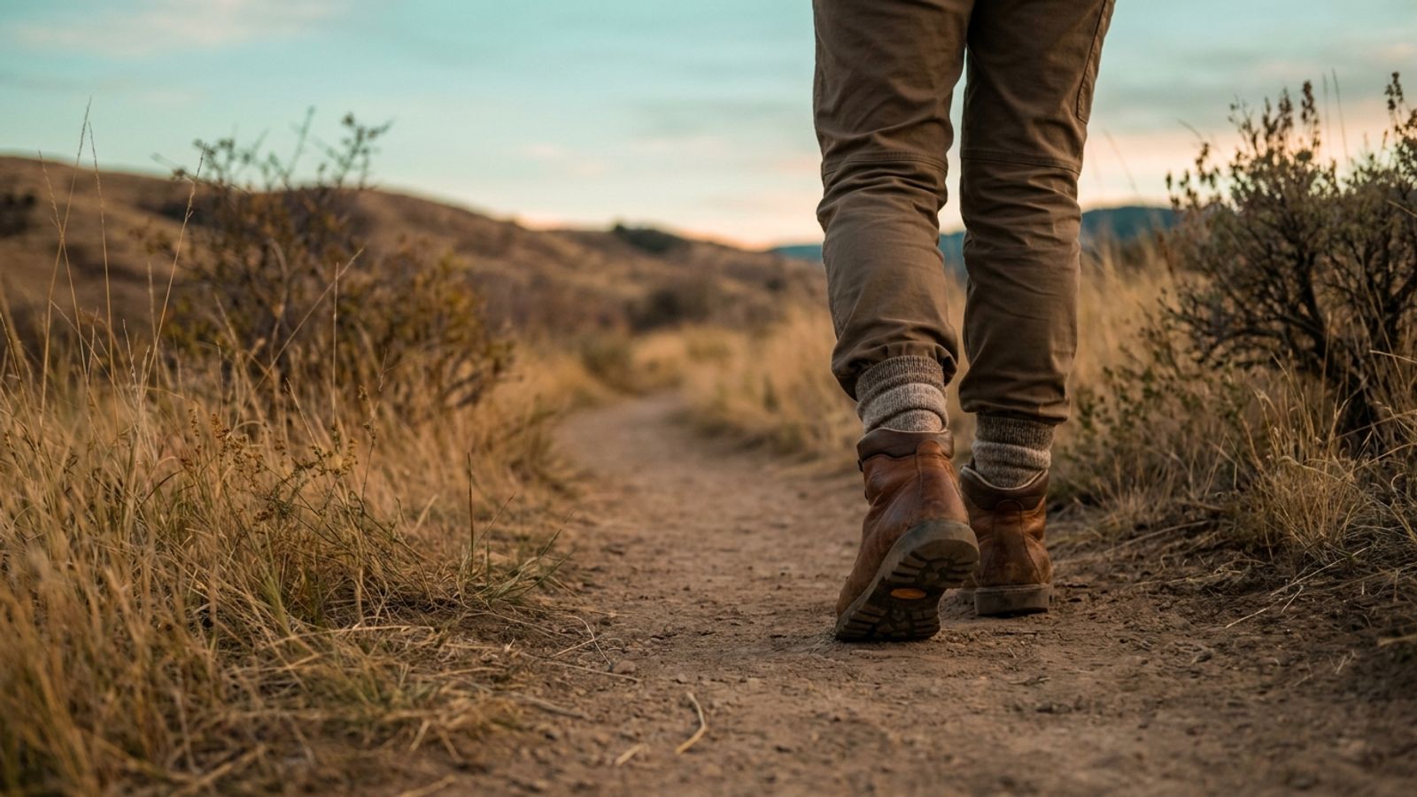 Hiker in long pants tucked into wool socks walking a dry grassy foothills trail