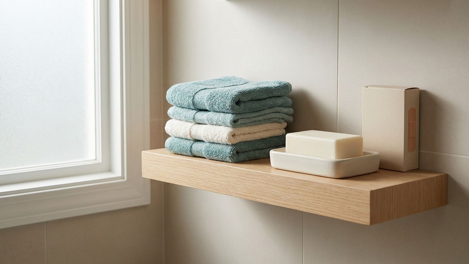 Folded teal and white washcloths, a bar of soap and a box of bandages on a bathroom shelf