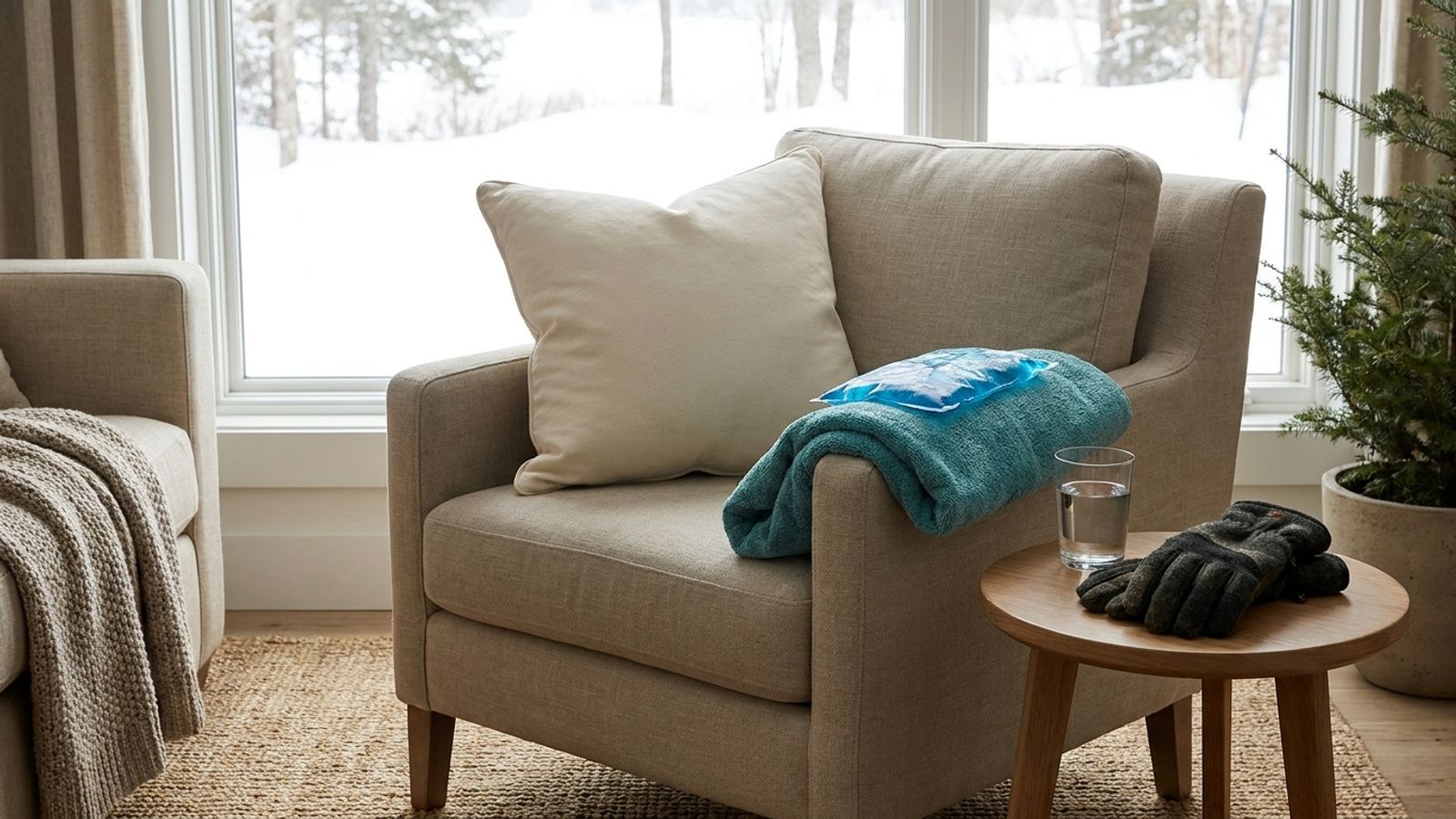 An ice pack on a teal towel over an armchair, with a glass of water and ski gloves on a side table