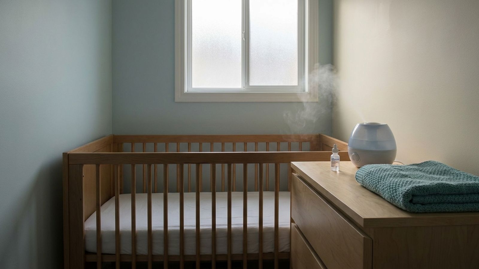 An empty crib in a quiet nursery beside a cool-mist humidifier, saline drops and a folded teal blanket