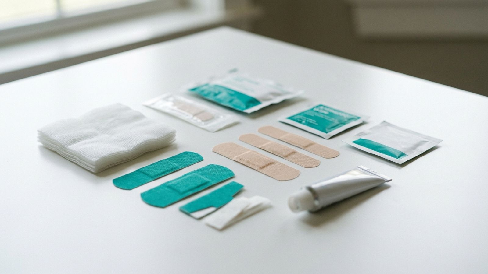 First aid supplies including gauze, bandages and ointment