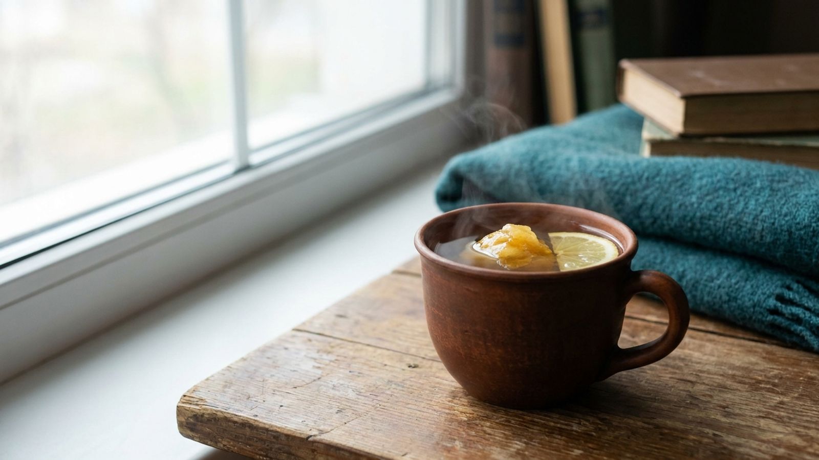 Steaming mug of tea with honey and lemon by a window