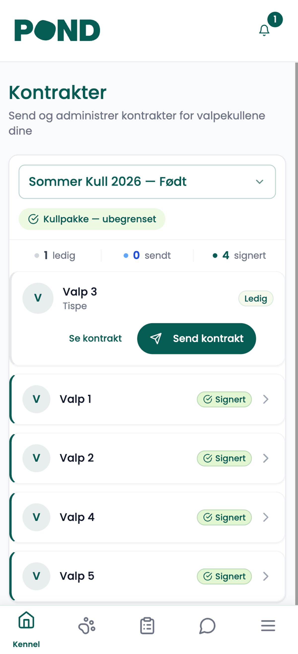 Kontraktoversikt i Pond-dashboardet med status for hver valp i kullet