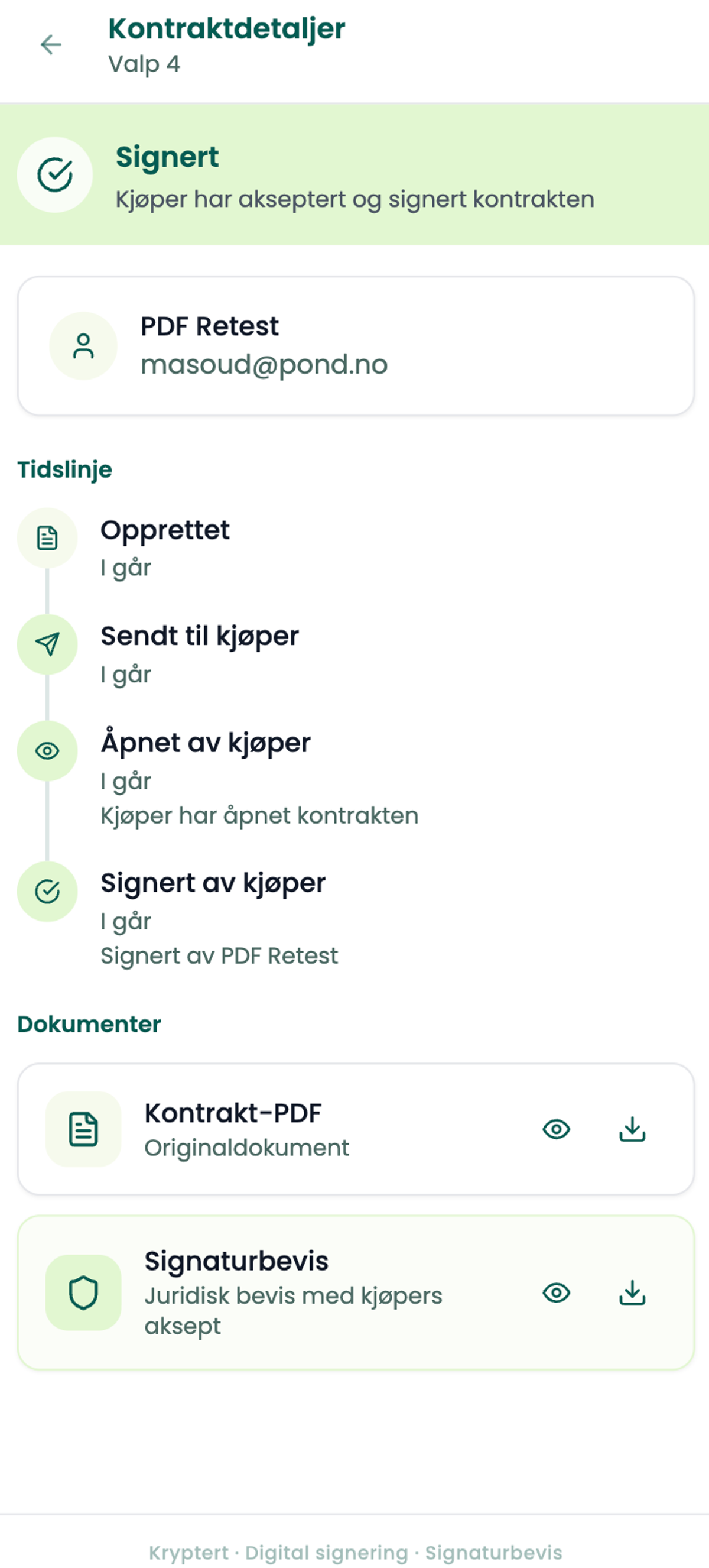 Kontraktdetaljer etter signering med tidslinje og signaturbevis