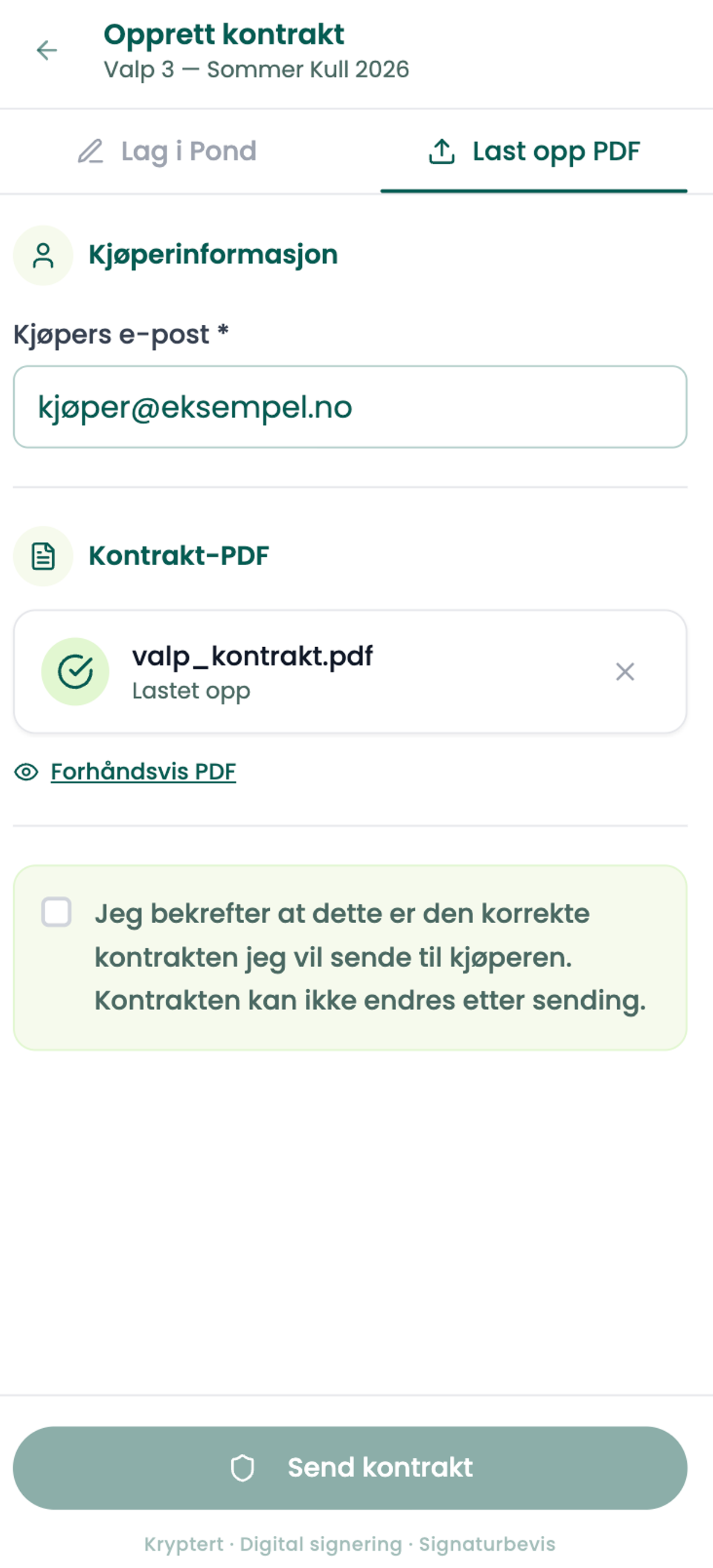 Last opp egen kontrakt-PDF med kjøpers e-post
