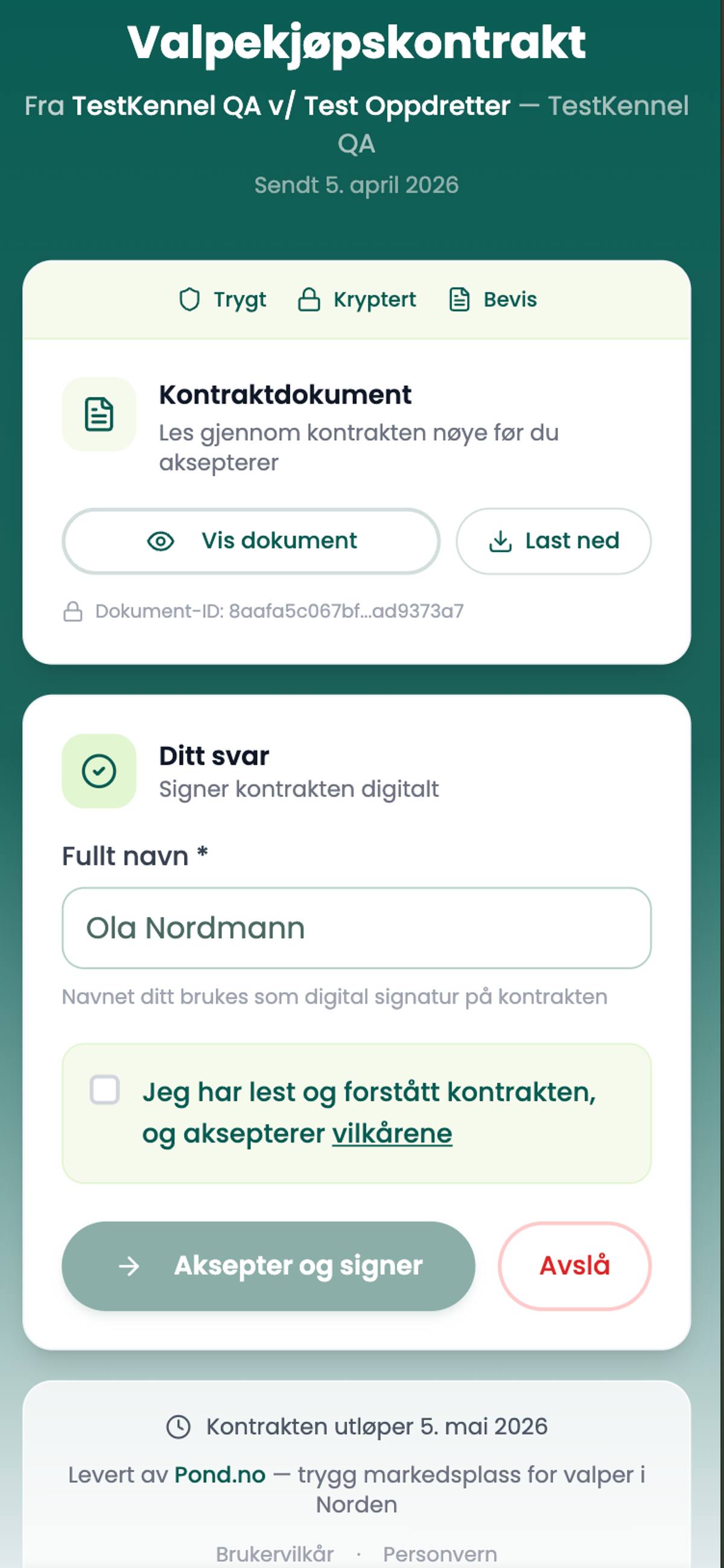 Kjøpers kontraktside med digital signering og aksept-knapp