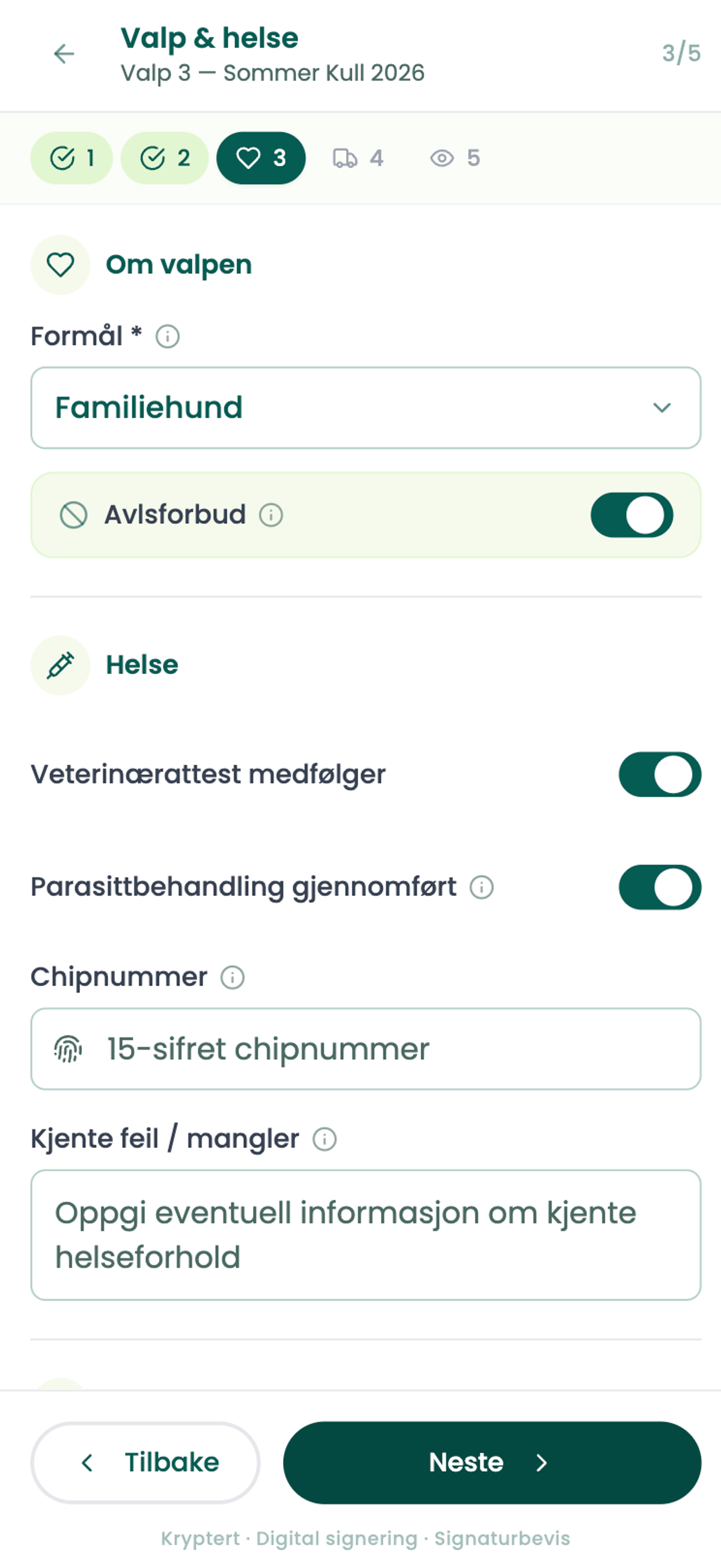 Ponds kontraktbygger — steg for valp og helseinformasjon