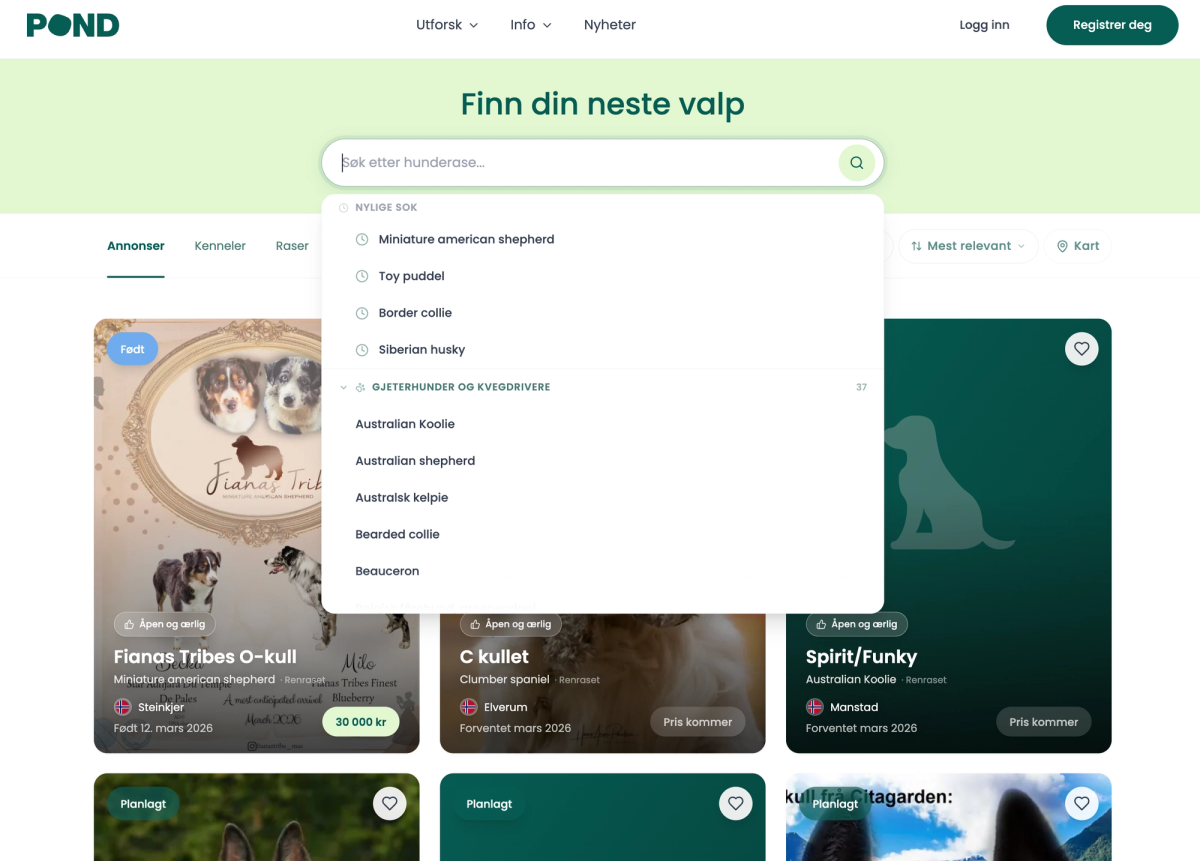Utforsk-siden med rasesøk og filtrering