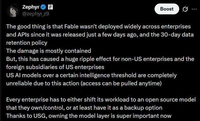 Screenshot of an X post from Zephyr warning that Fable’s 30-day data-retention policy and the risk of access being withdrawn make enterprise reliance risky, and recommending an owned open-source backup.