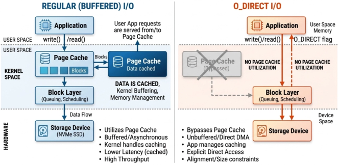 Side-by-side diagram: buffered I/O routes application reads and writes through the kernel page cache, while O_DIRECT bypasses the cache and accesses the block layer and storage device directly.