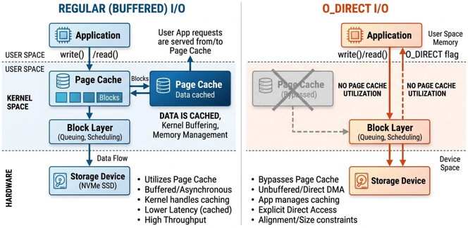 Side-by-side diagram: buffered I/O routes application reads and writes through the kernel page cache, while O_DIRECT bypasses the cache and accesses the block layer and storage device directly.