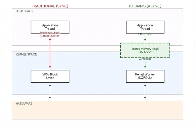 Side-by-side diagram: traditional synchronous I/O blocks the application thread during kernel calls, while io_uring sends submission queue entries through shared memory rings to an asynchronous kernel worker.