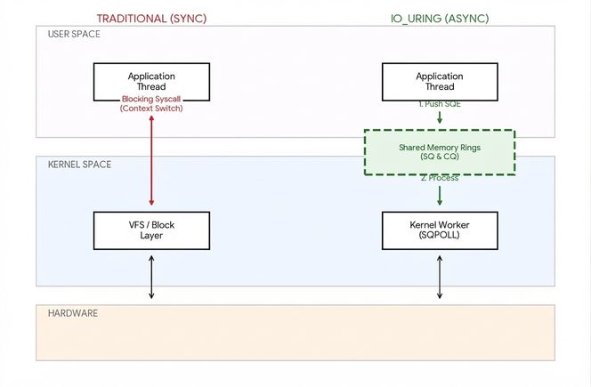 Side-by-side diagram: traditional synchronous I/O blocks the application thread during kernel calls, while io_uring sends submission queue entries through shared memory rings to an asynchronous kernel worker.