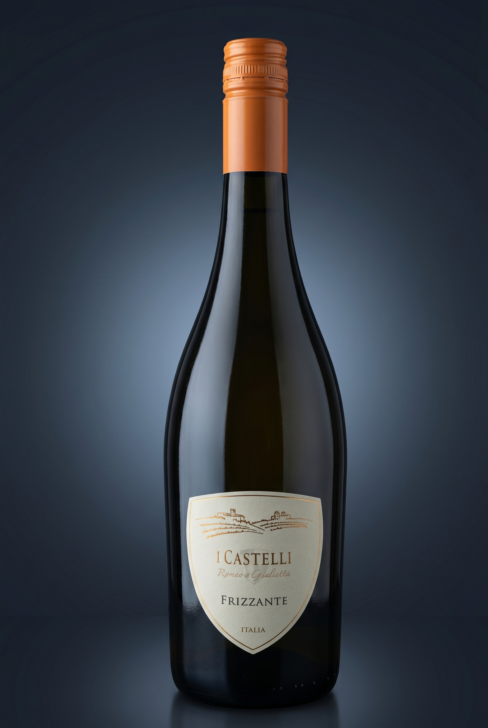 I Castelli Frizzante, freigestellte Flasche auf dunklem Verlauf