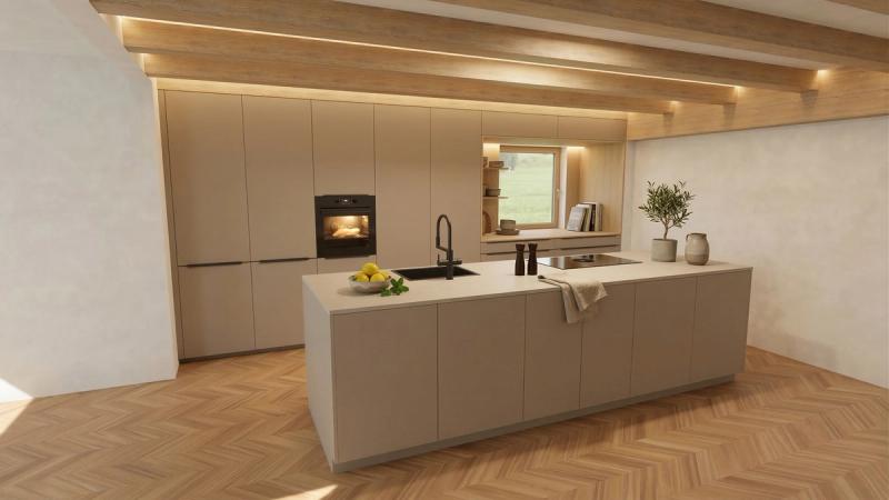 3D-Visualisierung einer geplanten Küche bei Thoki: fotorealistischer Render mit Kochinsel und Stein-Arbeitsplatte