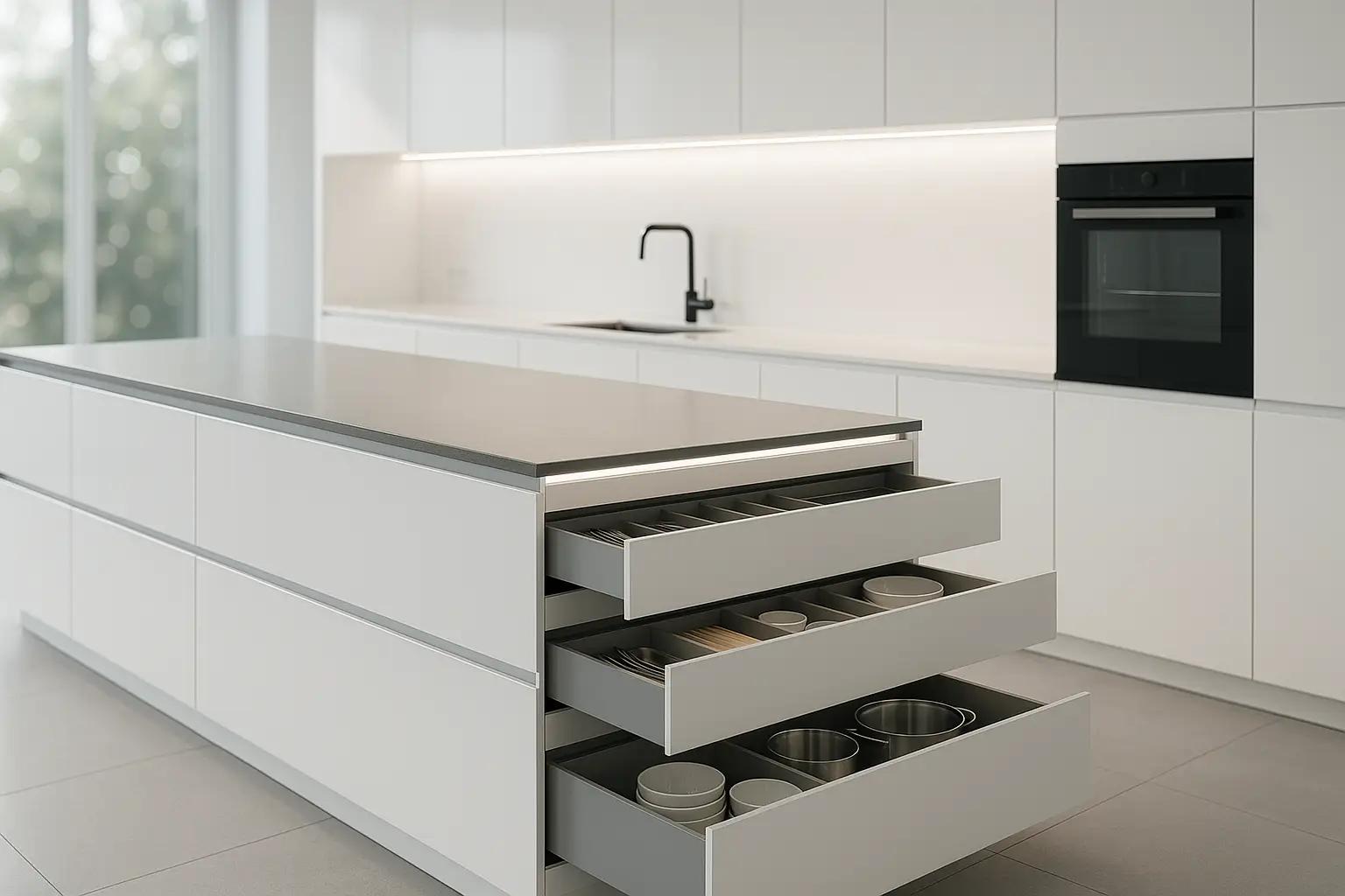 Geöffnete Schubladen einer modernen weißen Kücheninsel mit sortiertem Geschirr in heller Designerküche