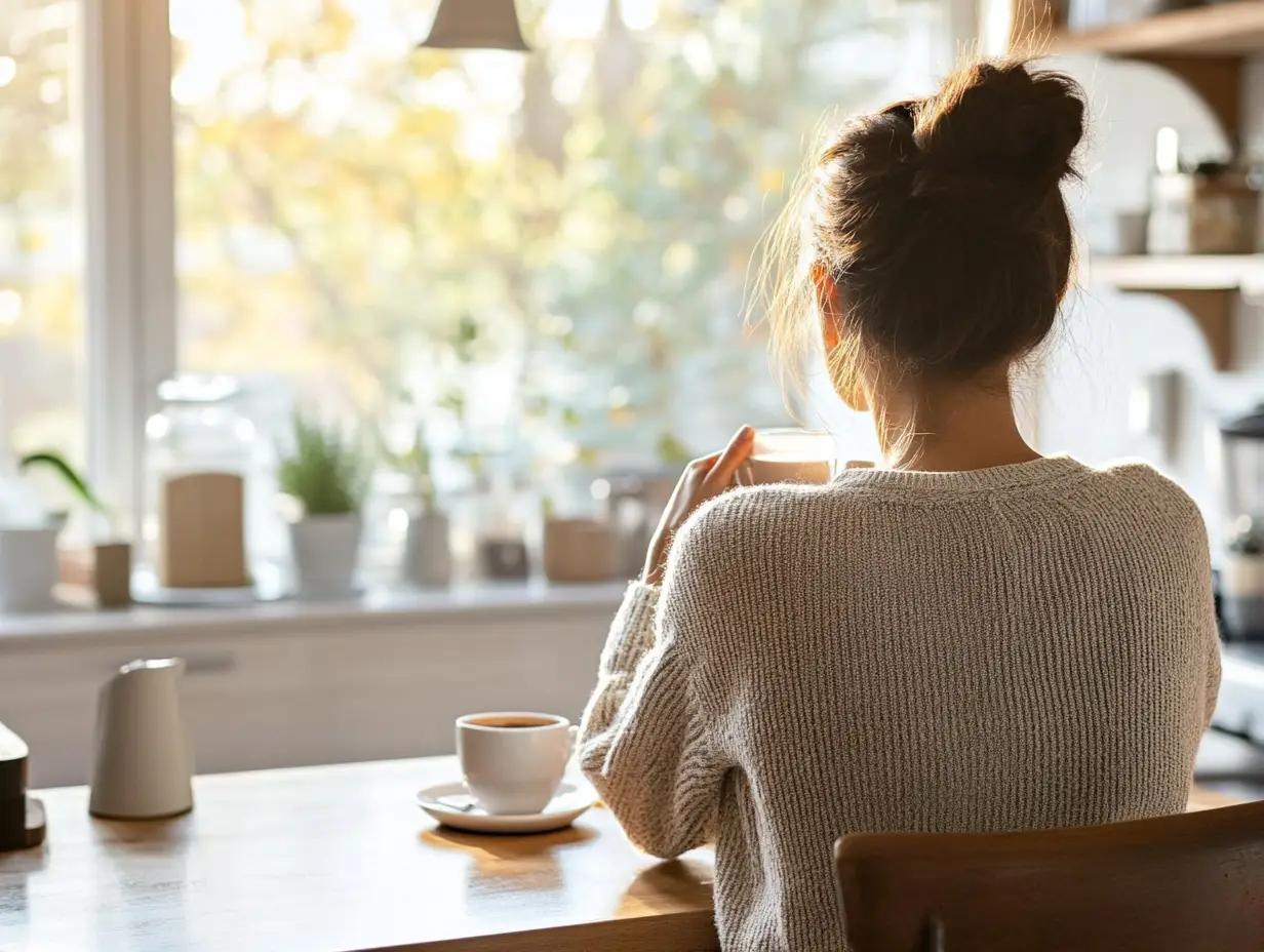 Stilbeispiel: Wohlfühlmoment in der Küche, Frau mit Kaffeetasse am Holztisch im Morgenlicht