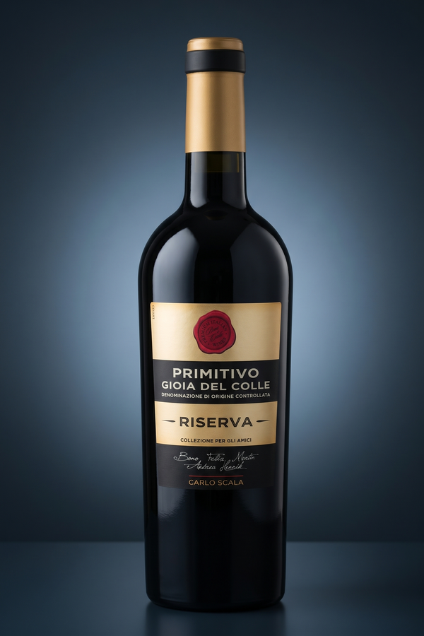 Primitivo Gioia del Colle Riserva, freigestellte Flasche auf dunklem Verlauf