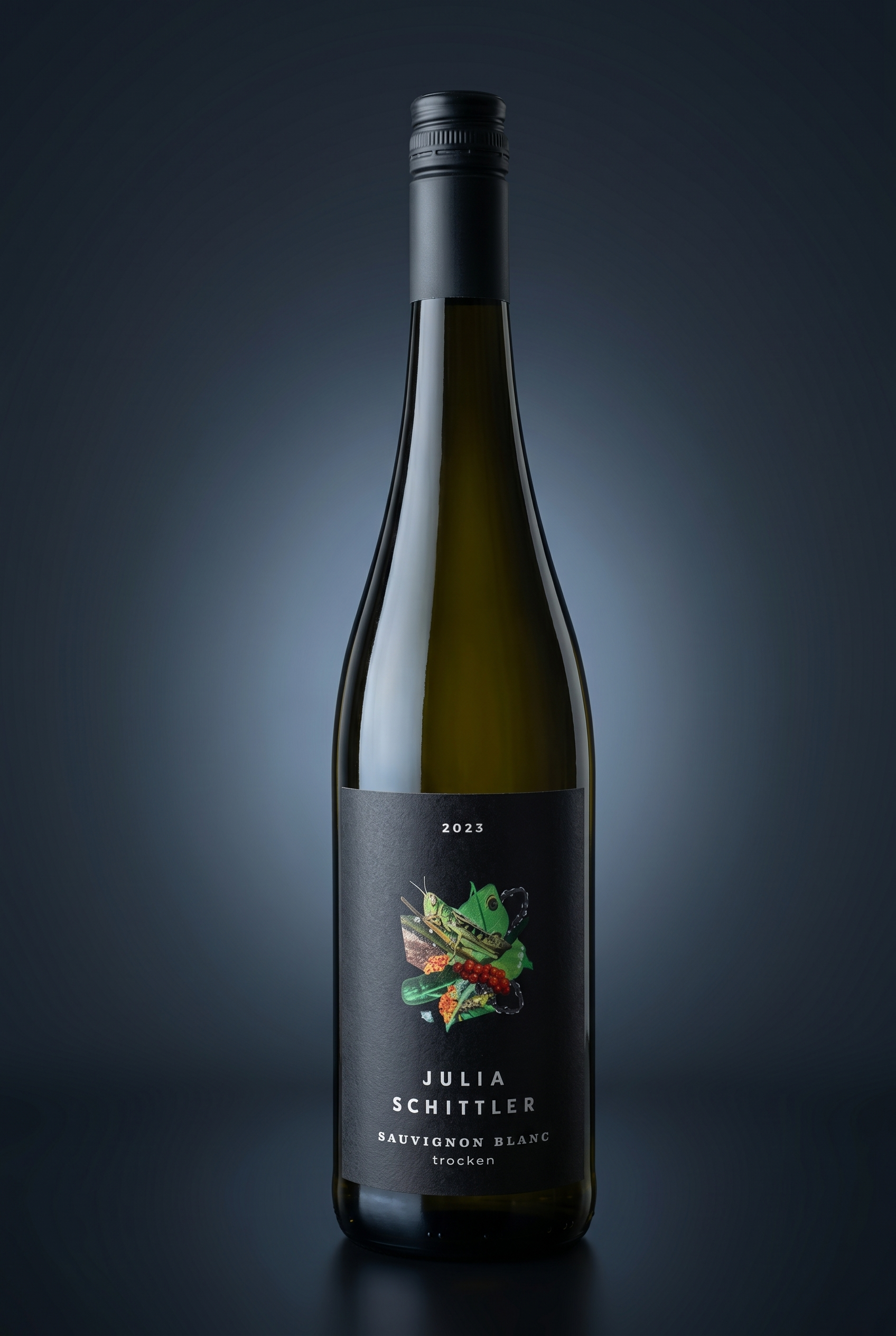 Julia Schittler Sauvignon Blanc trocken, freigestellte Flasche auf dunklem Verlauf