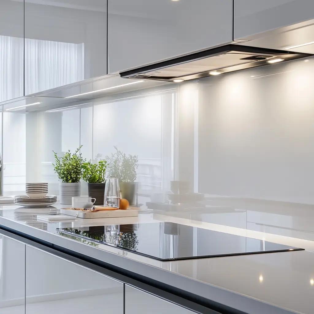 Moderne Küche mit Acrylglas-Rückwand in Weiß, schwarzer Arbeitsplatte und Pflanzen-Deko bei Thoki Wörthsee