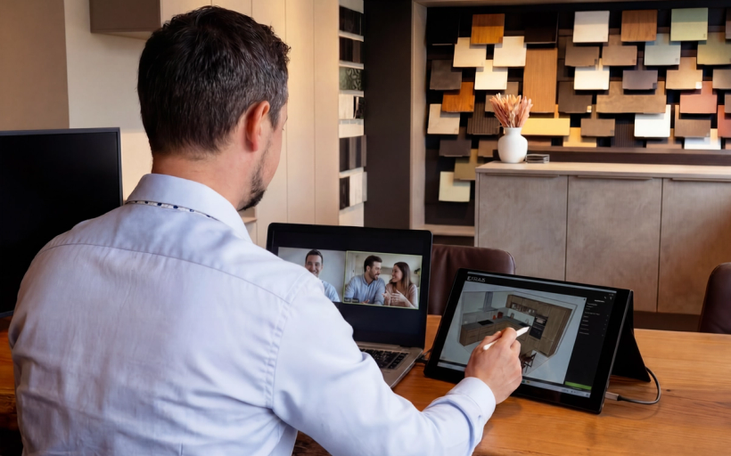 Thomas plant im Videocall eine Küche — CAD am Bildschirm, Materialwand im Hintergrund