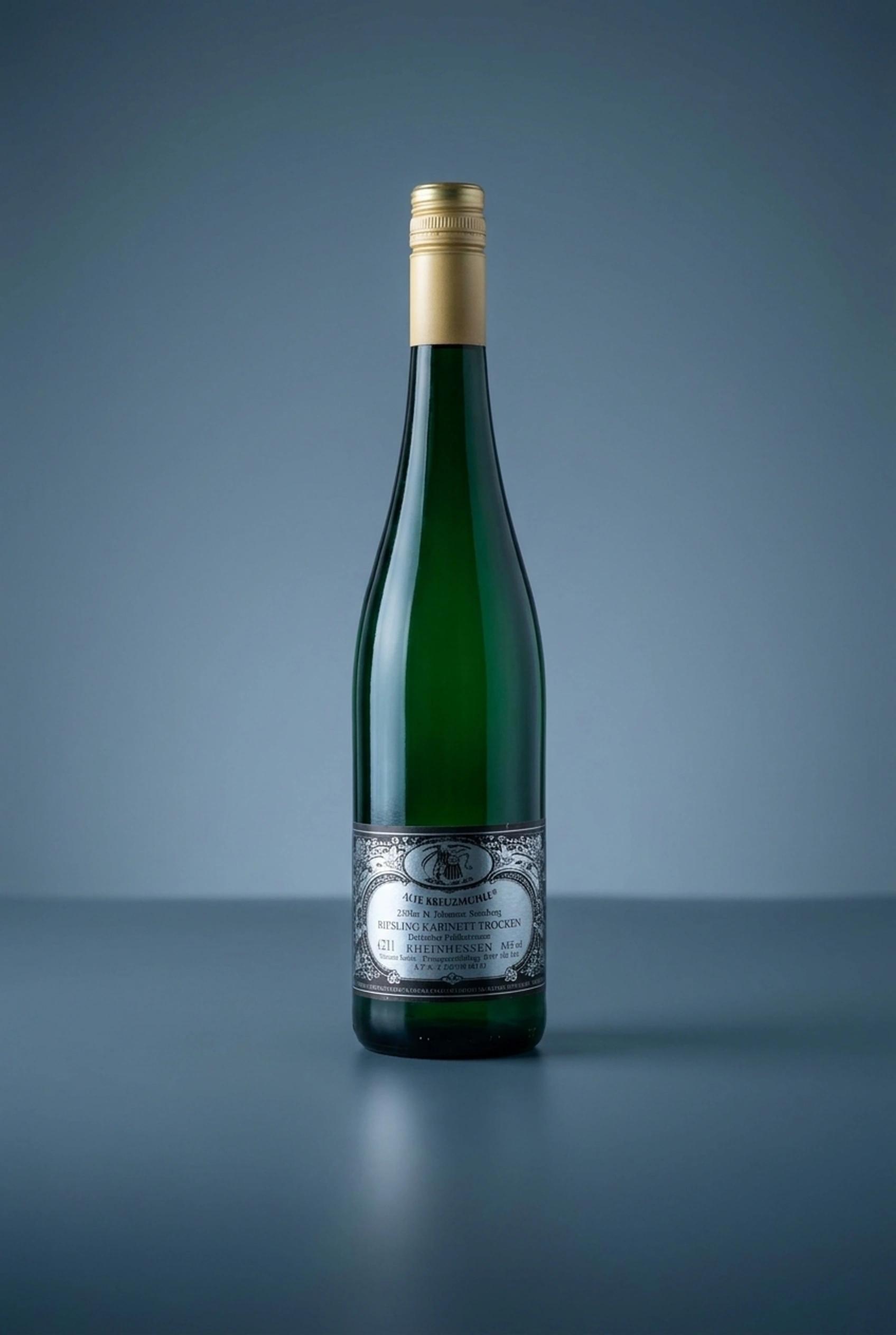 Riesling Kabinett trocken, Flasche auf dunklem Studio-Hintergrund