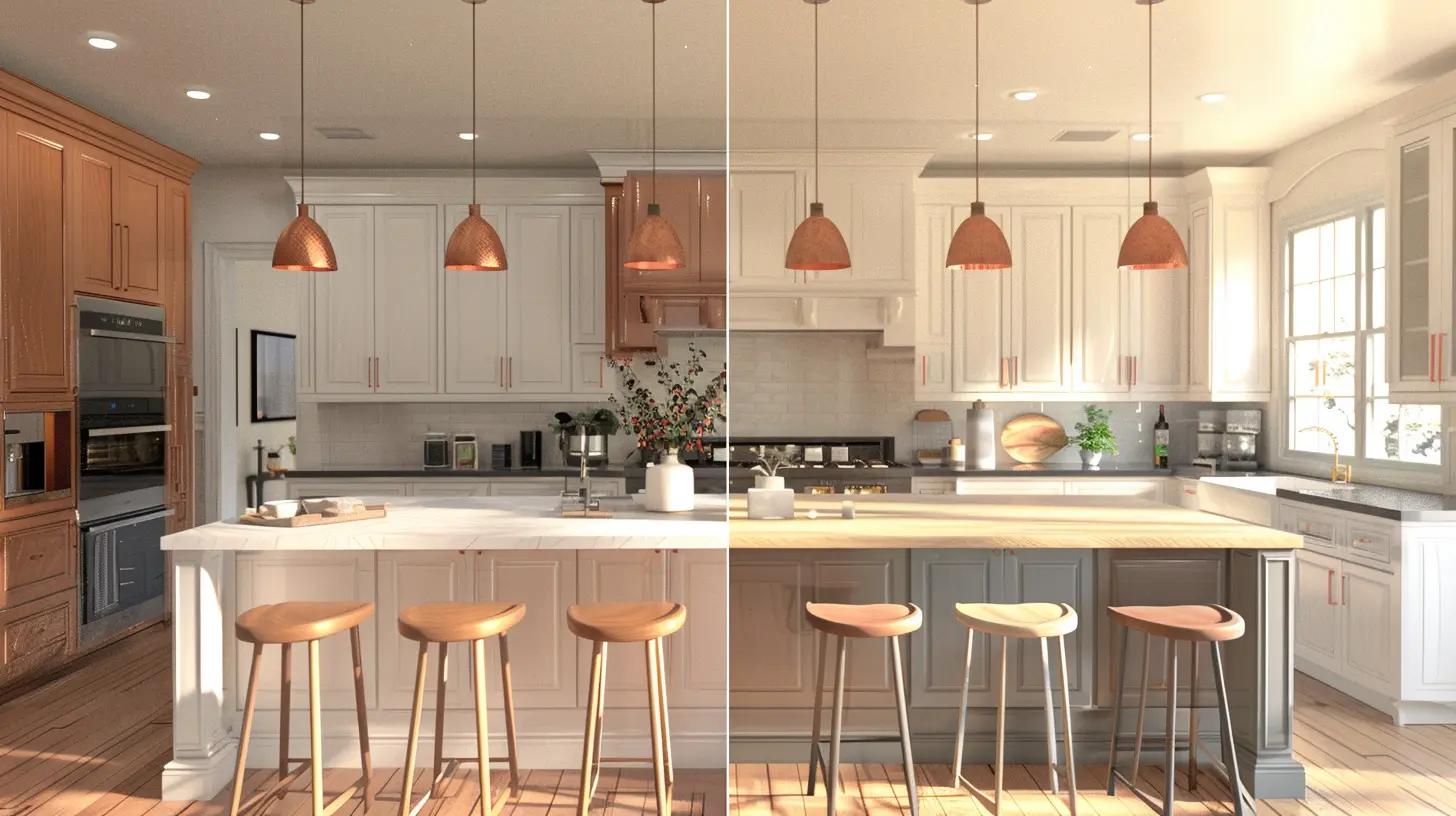 Vergleich zweier Küchendesigns mit unterschiedlichen Farbkonzepten, links warme Holztöne, rechts helle Grau- und Naturtöne, als Inspiration für Küchenfarbentrends 2025.