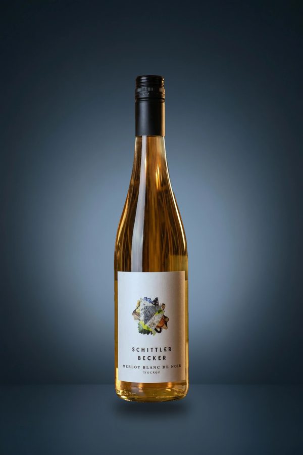 Merlot Blanc de Noir, Flasche auf dunklem Studio-Hintergrund