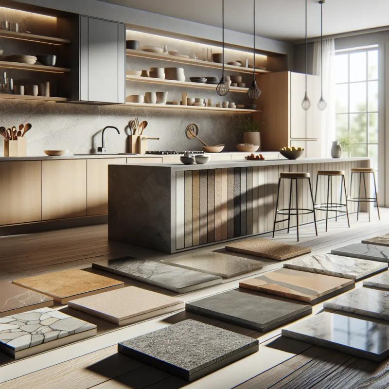 Verschiedene Arbeitsplatten-Materialien: Naturstein, Keramik, Holz und Beton beim Thoki Küchenstudio