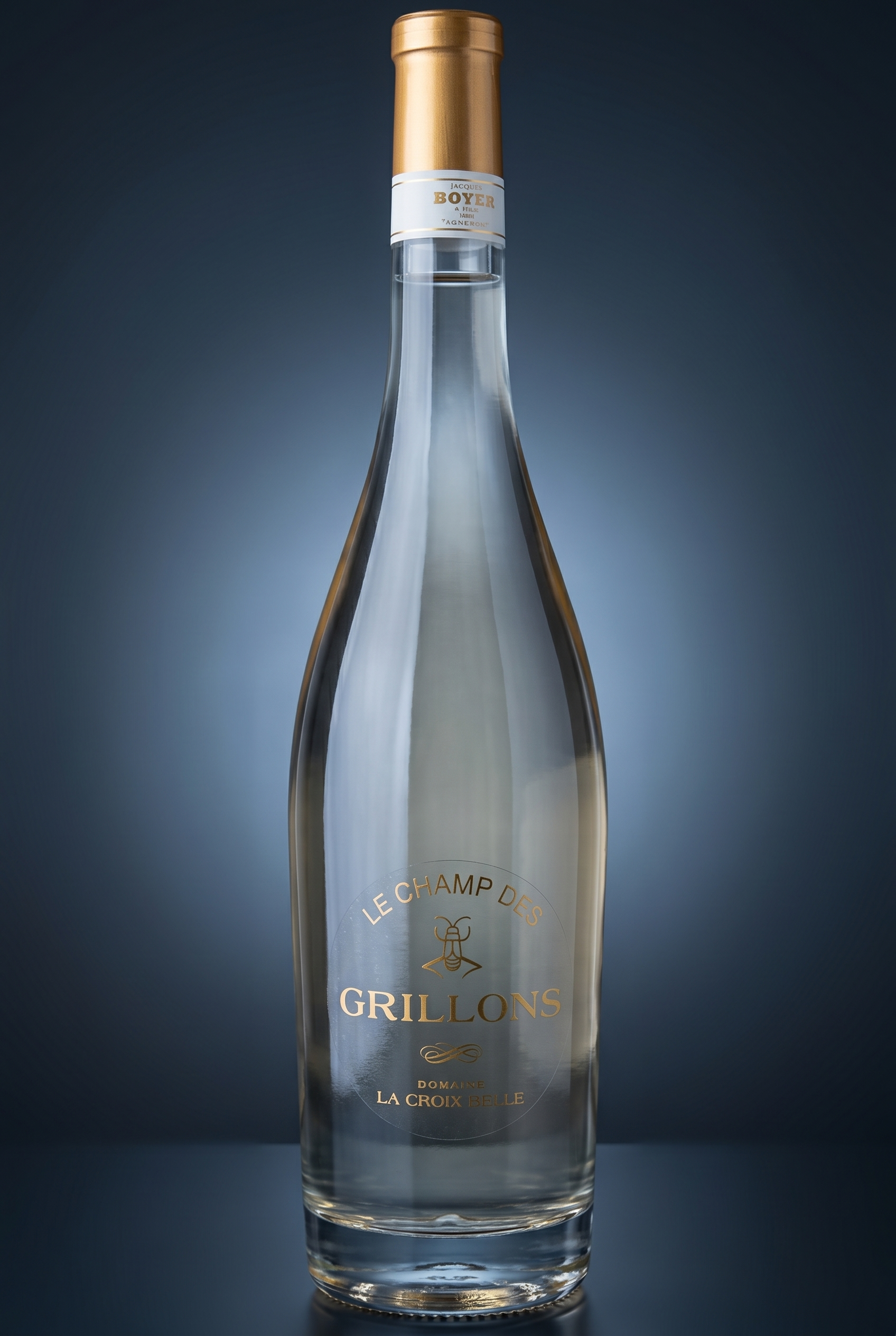 Le Champ des Grillons, freigestellte Flasche auf dunklem Verlauf