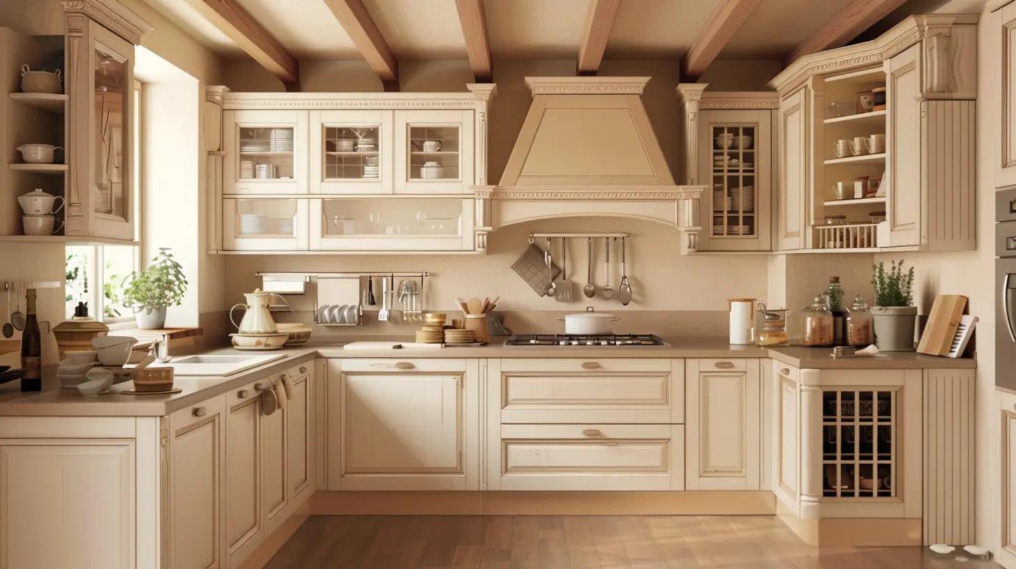 Klassische Landhausküche in Creme mit profilierten Fronten, Holzbalken und offenen Regalen, warme, natürliche Gestaltung im Stil der Küchenfarbentrends 2025