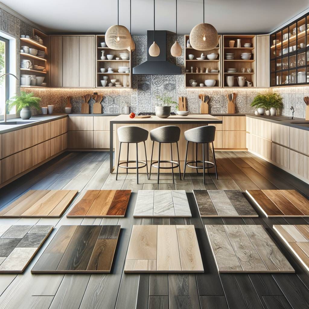 Küchenboden Materialvergleich: Holz, Fliesen und Steinoptik Muster vor moderner Thoki Küche mit Holzfronten