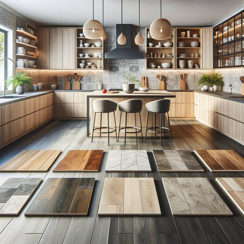Küchenboden Materialvergleich: Holz, Fliesen und Steinoptik Muster vor moderner Thoki Küche mit Holzfronten