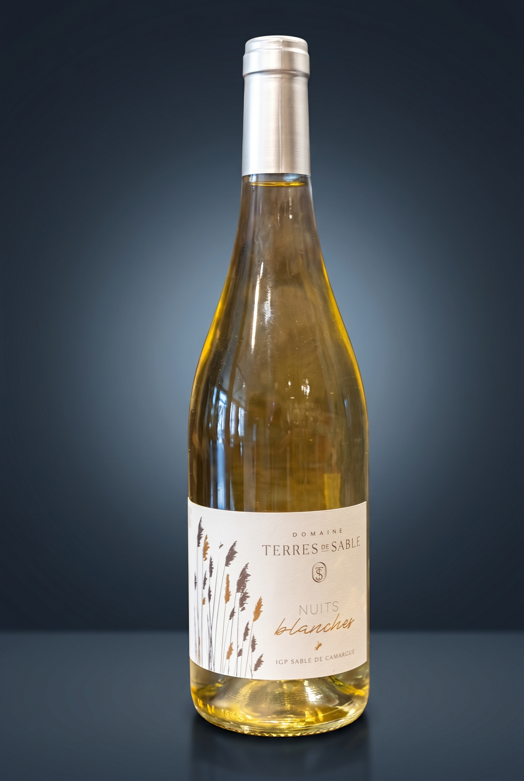 Domaine Terres de Sable Nuits Blanches, freigestellte Flasche auf dunklem Verlauf