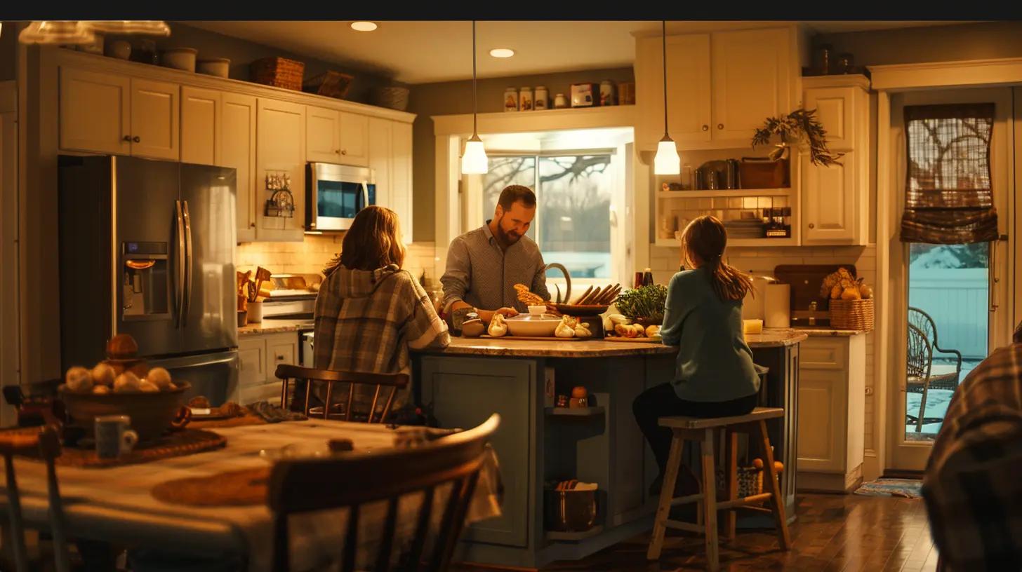 Stimmungsvolle Familienszene in einer gemütlich beleuchteten Küche mit weißen Oberschränken, hellblauer Kücheninsel und Naturholzdetails, wohnlicher Look im Stil der Küchenfarbentrends 2025.