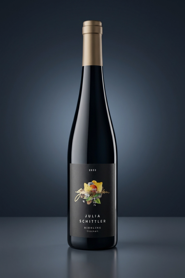 Julia Schittler Riesling Trocken, freigestellte Flasche auf dunklem Verlauf