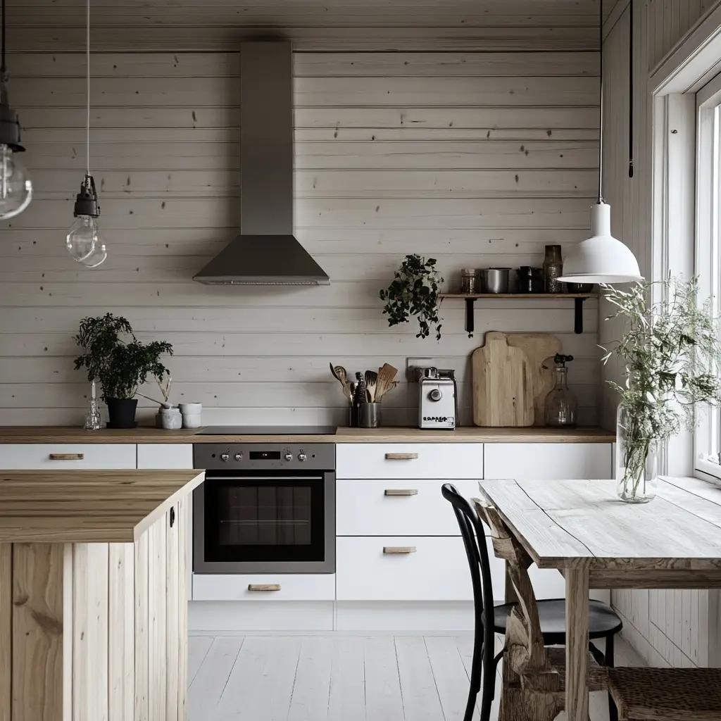 Stilbeispiel: skandinavischer Landhausstil mit weißer Holzwand, Edelstahl-Haube und Holz-Arbeitsplatte