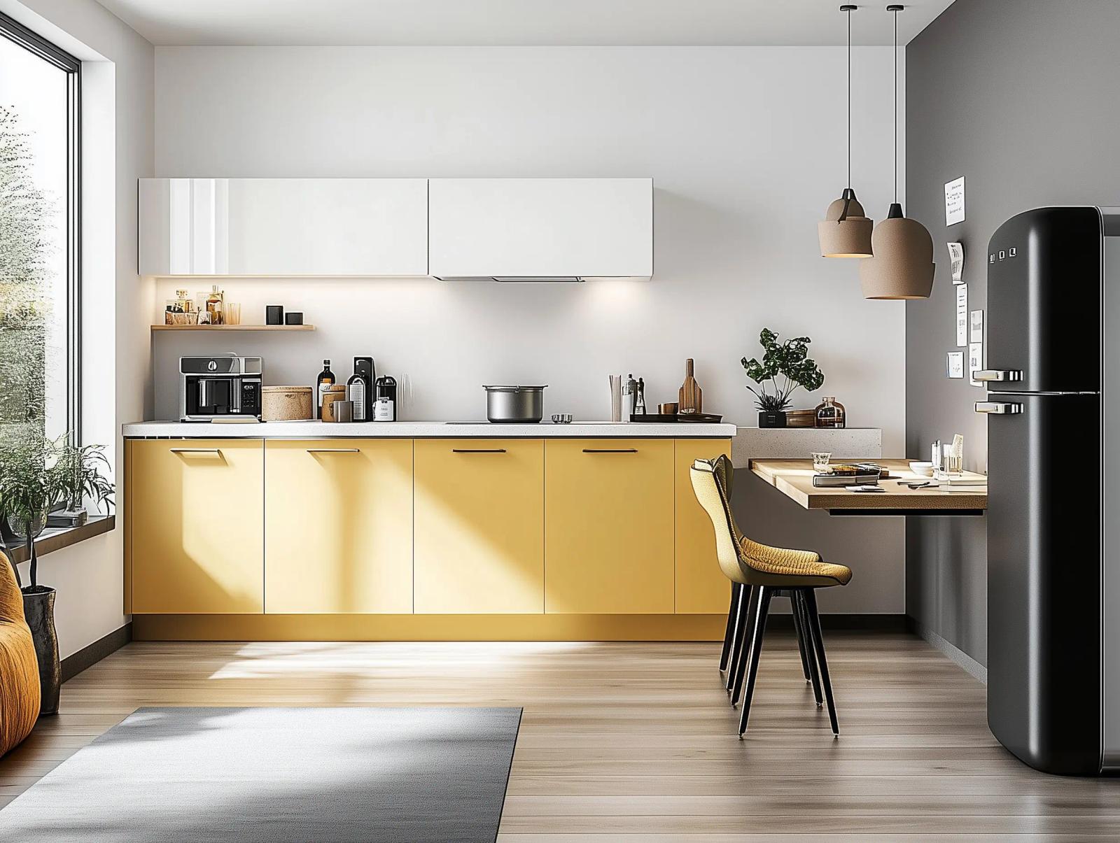 Stilbeispiel: Küche in Goldgelb mit weißen Hängeschränken, schwarzem Retro-Kühlschrank und Essplatz