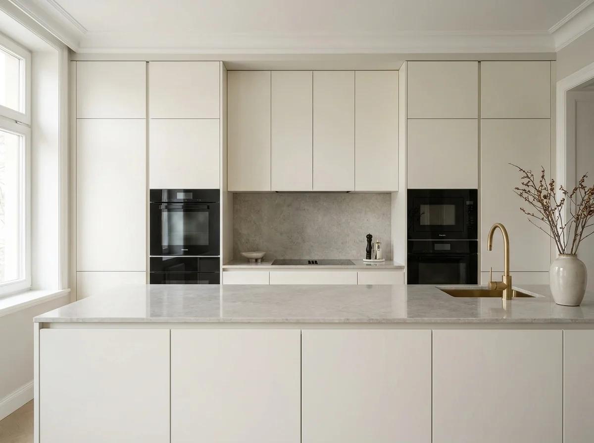 Stilbeispiel klassische Küche: zeitlos elegante cremeweiße Fronten mit Naturstein-Arbeitsplatte und dezenten Details