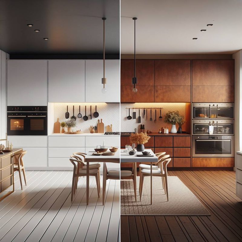 Küchenvergleich IKEA vs. Thoki: helle Designerküche mit grauen Fronten neben warmer Holzküche mit Esstisch