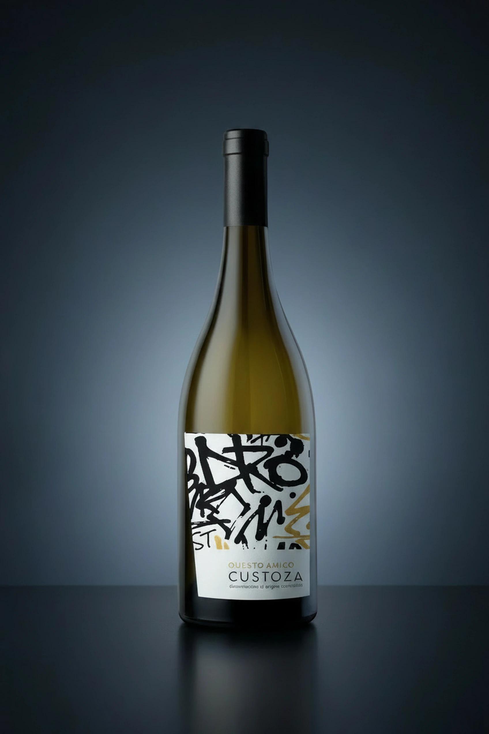 Questo Amico Custoza, Flasche auf dunklem Studio-Hintergrund
