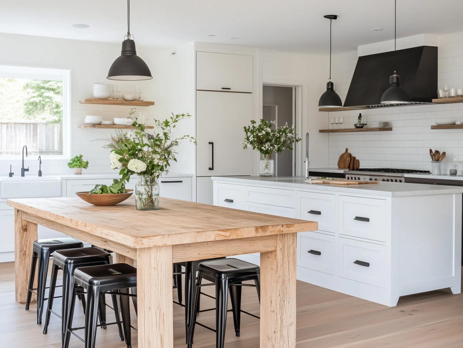 Stilbeispiel: moderner Landhausstil, weiße Küche mit rustikalem Holztisch und schwarzen Metallhockern