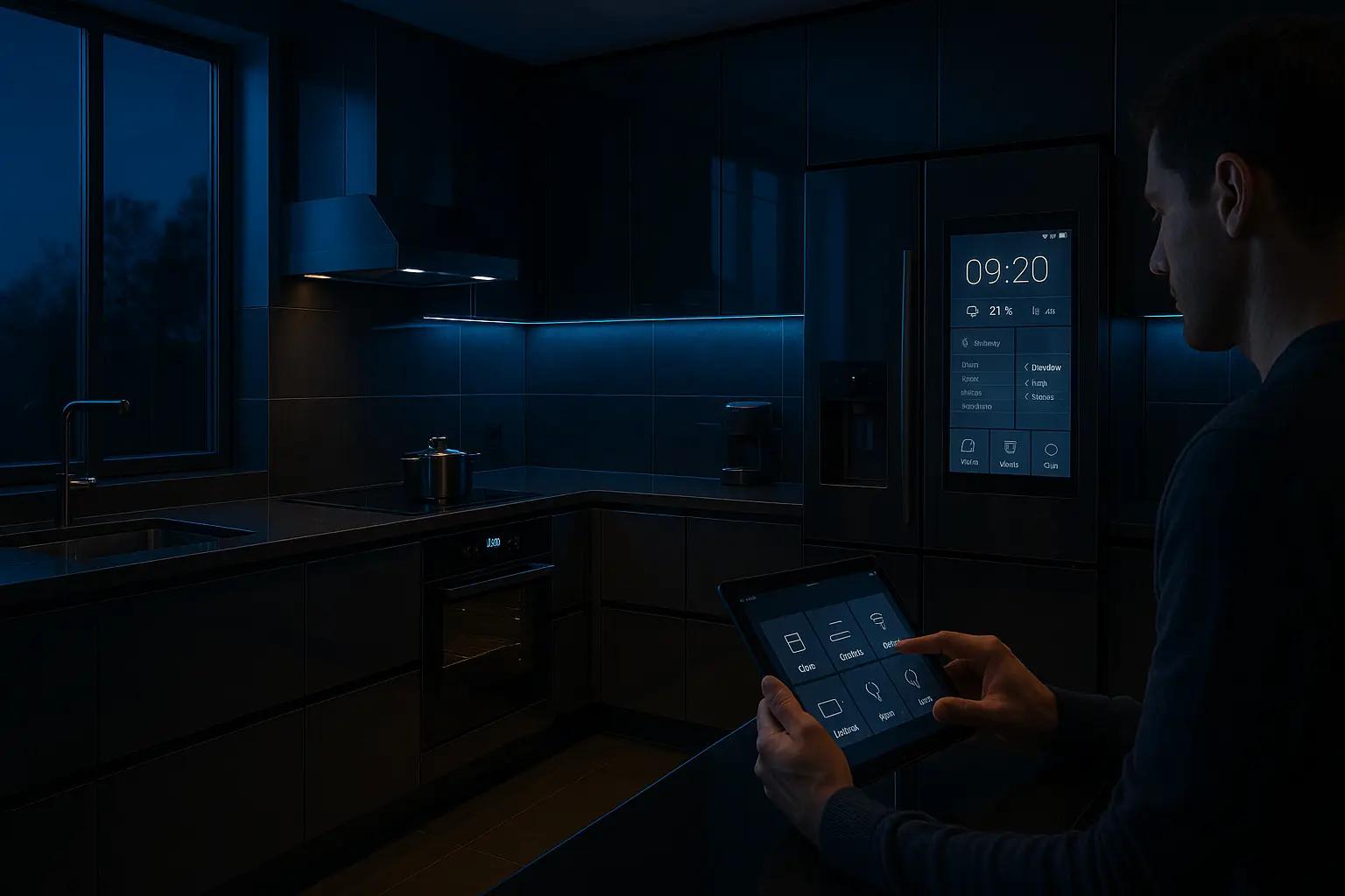 Mann steuert smarte Küche mit Tablet vor beleuchtetem Hightech-Kühlschrank bei Nacht