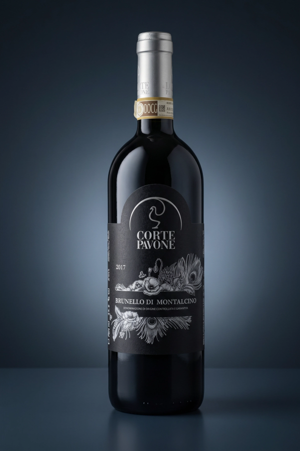 Corte Pavone Brunello di Montalcino 2017, freigestellte Flasche auf dunklem Verlauf